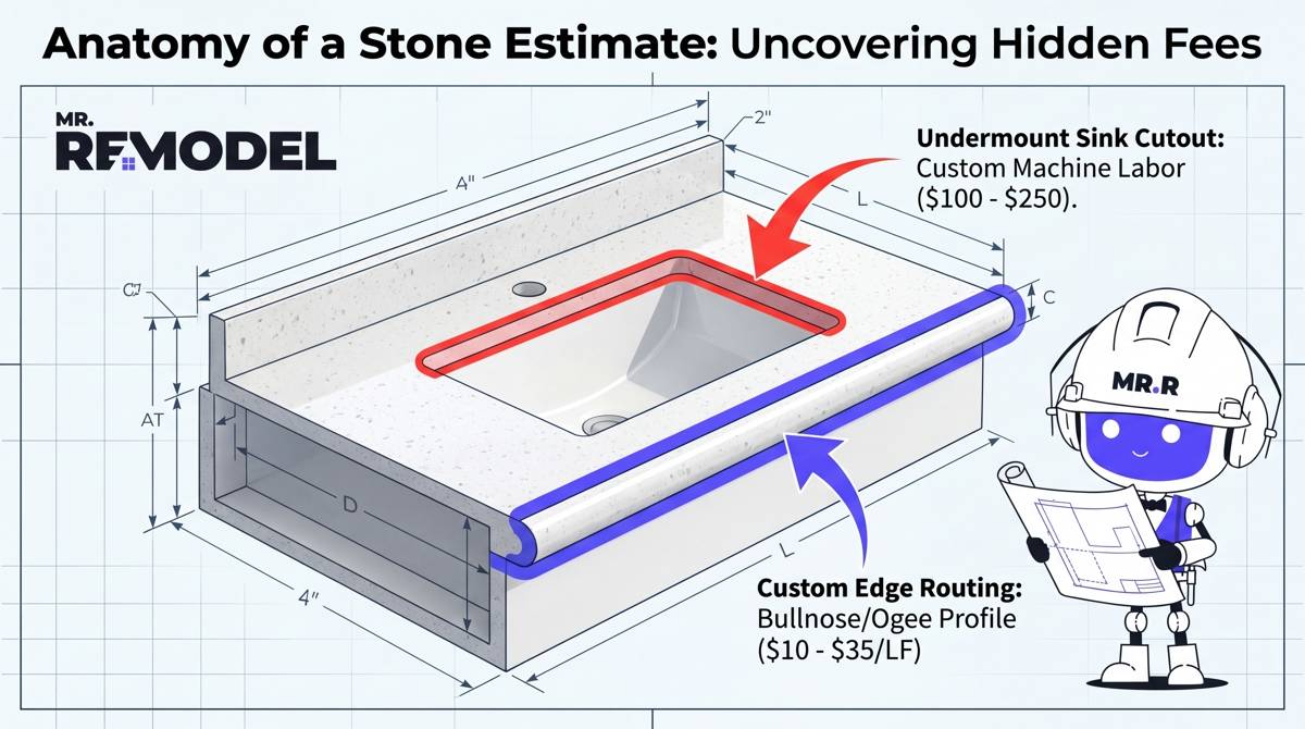 A technical cost infographic breaking down hidden bathroom countertop fees, including custom edge profiles and undermount sink cutouts.